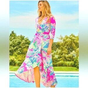 Lilly Pulitzer Montague Maxi Dress Raz Berry Sunset Soiree XL Hi-low Floral